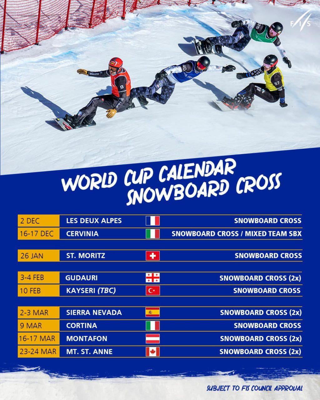 Este año la Copa del Mundo de Snowboard Cross y Ski Cross contará con 13 pruebas distribuidas entre 8 países diferentes.